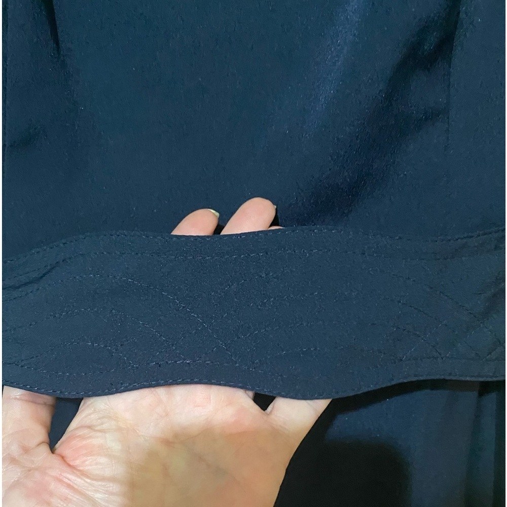 Eliza J Silky Navy Blue Dress Bell Sleeve Sheath Belted Pockets Preppy Office - Picture 10 of 16